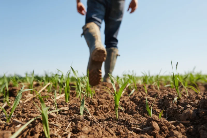 Farmer walking through a field of young green shoots in springtime