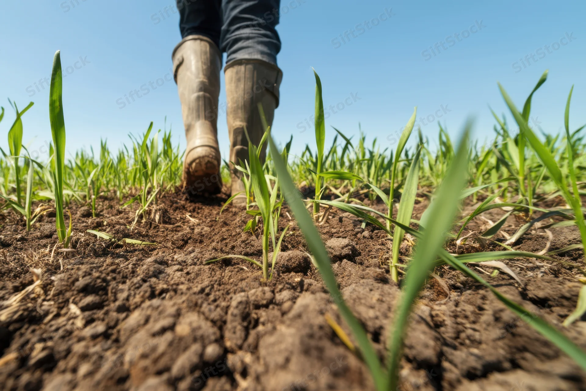 Farmer walking through young wheat seedlings in a field