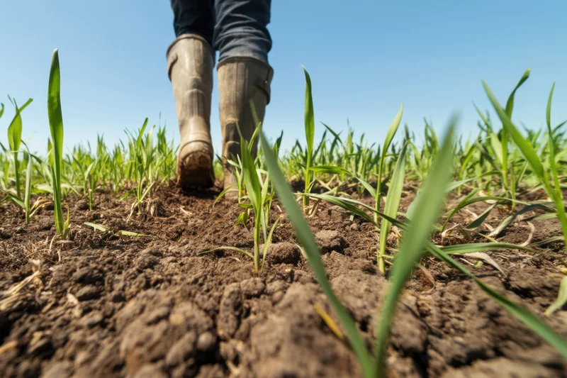 Farmer walking through young wheat seedlings in a field