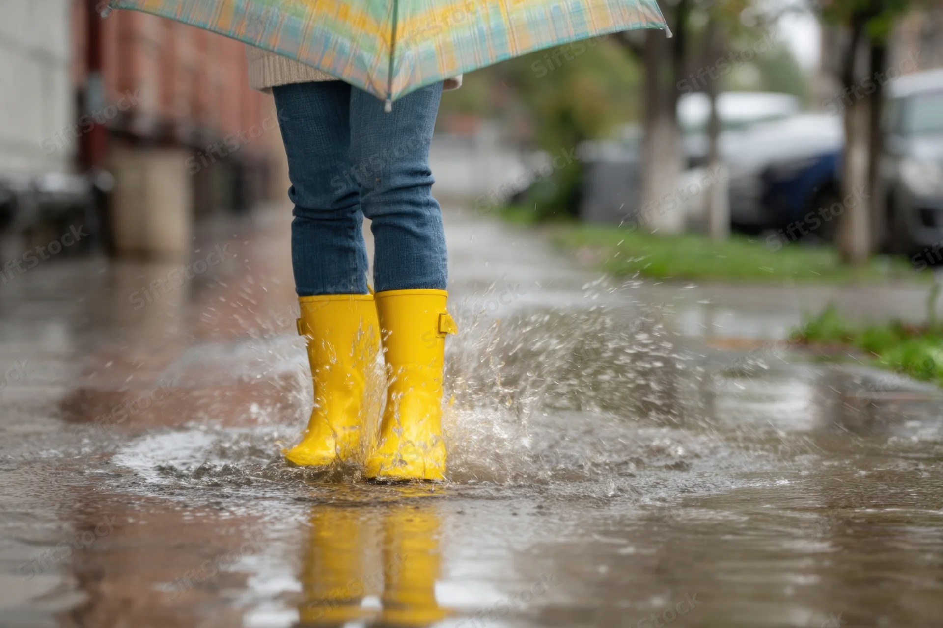 Child in yellow rain boots splashing in puddle on wet sidewalk under umbrella