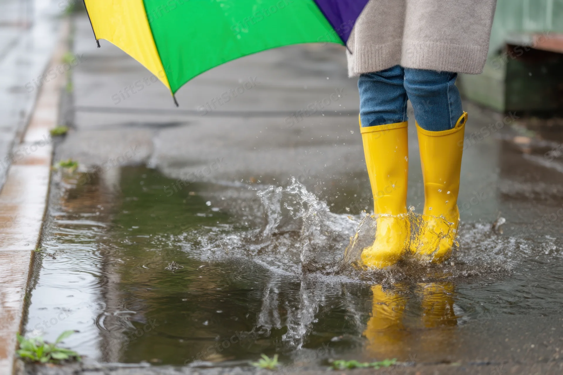 Child in yellow rainboots splashing in a puddle on a wet sidewalk under a rainbow umbrella