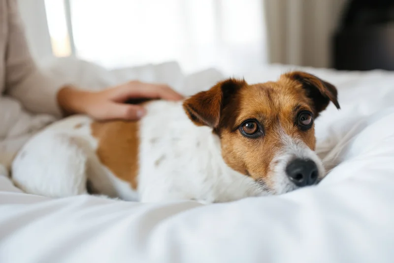 Small brown and white dog lying on white bed while being petted by a person's hand
