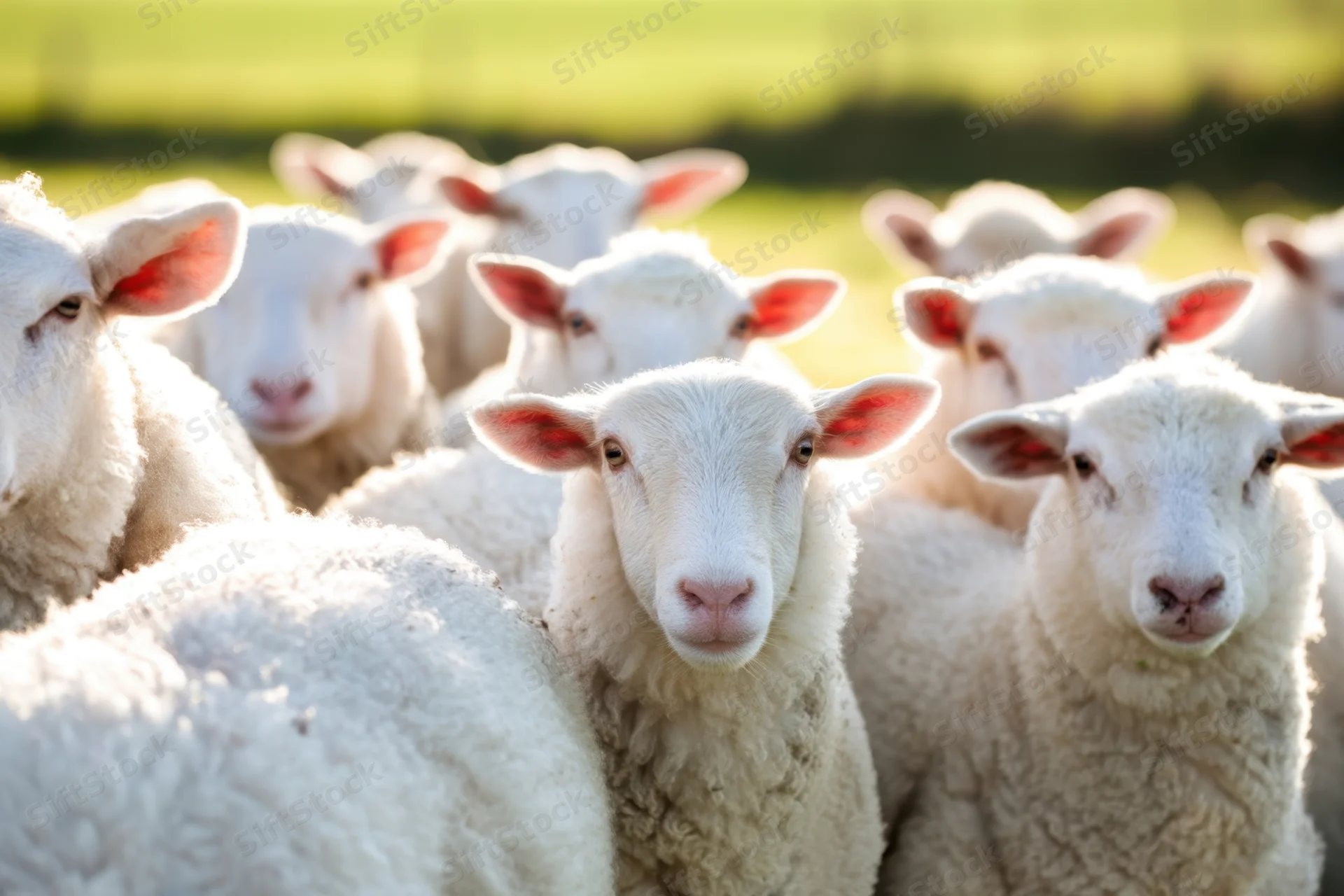 Flock of white sheep with pink ears standing close together in a sunlit pasture
