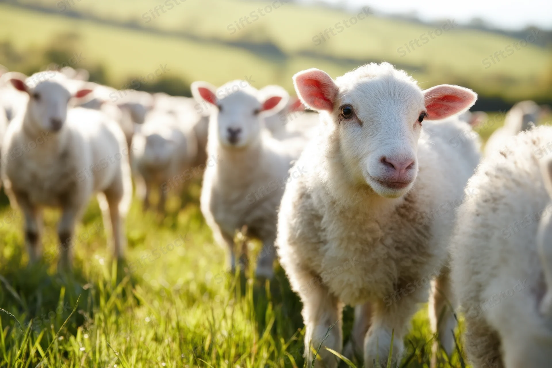 Fluffy white lambs standing in a grassy pasture with pink ears facing forward