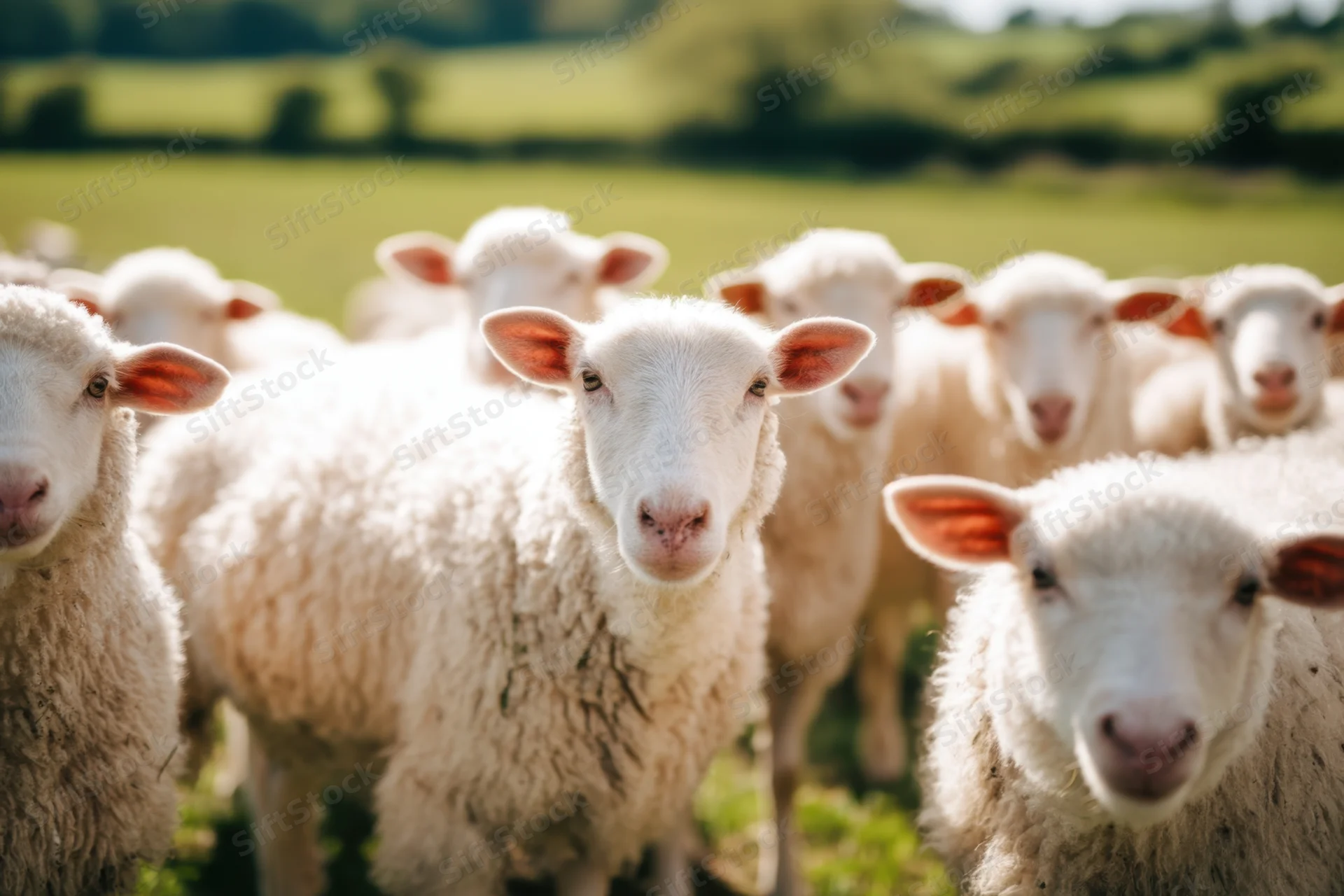 Flock of fluffy white sheep with pink ears standing in a green pasture