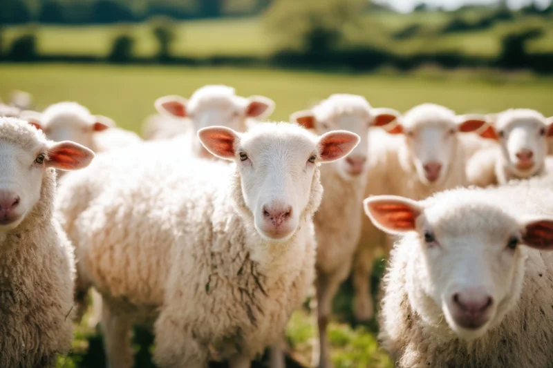 Flock of fluffy white sheep with pink ears standing in a green pasture