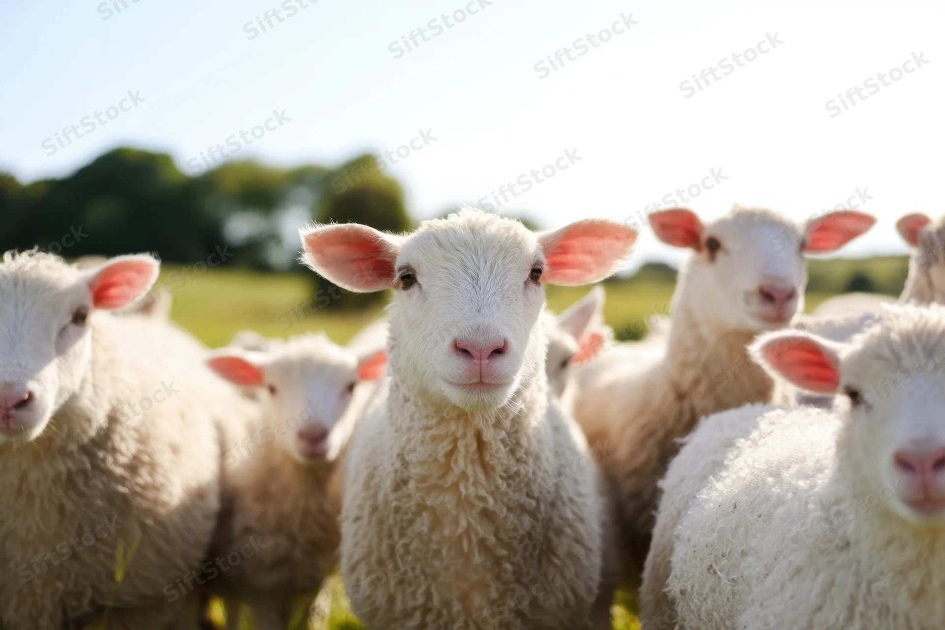 Small flock of fluffy white sheep with pink ears standing in a grassy field under sunlight