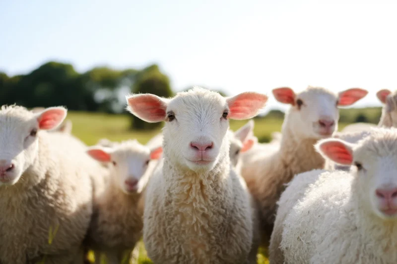 Small flock of fluffy white sheep with pink ears standing in a grassy field under sunlight