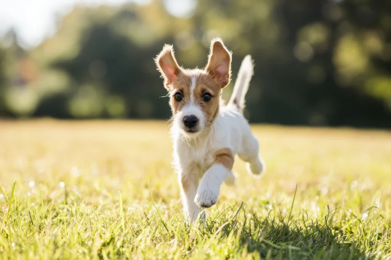 Jackrussell puppy running across a sunlit grassy field
