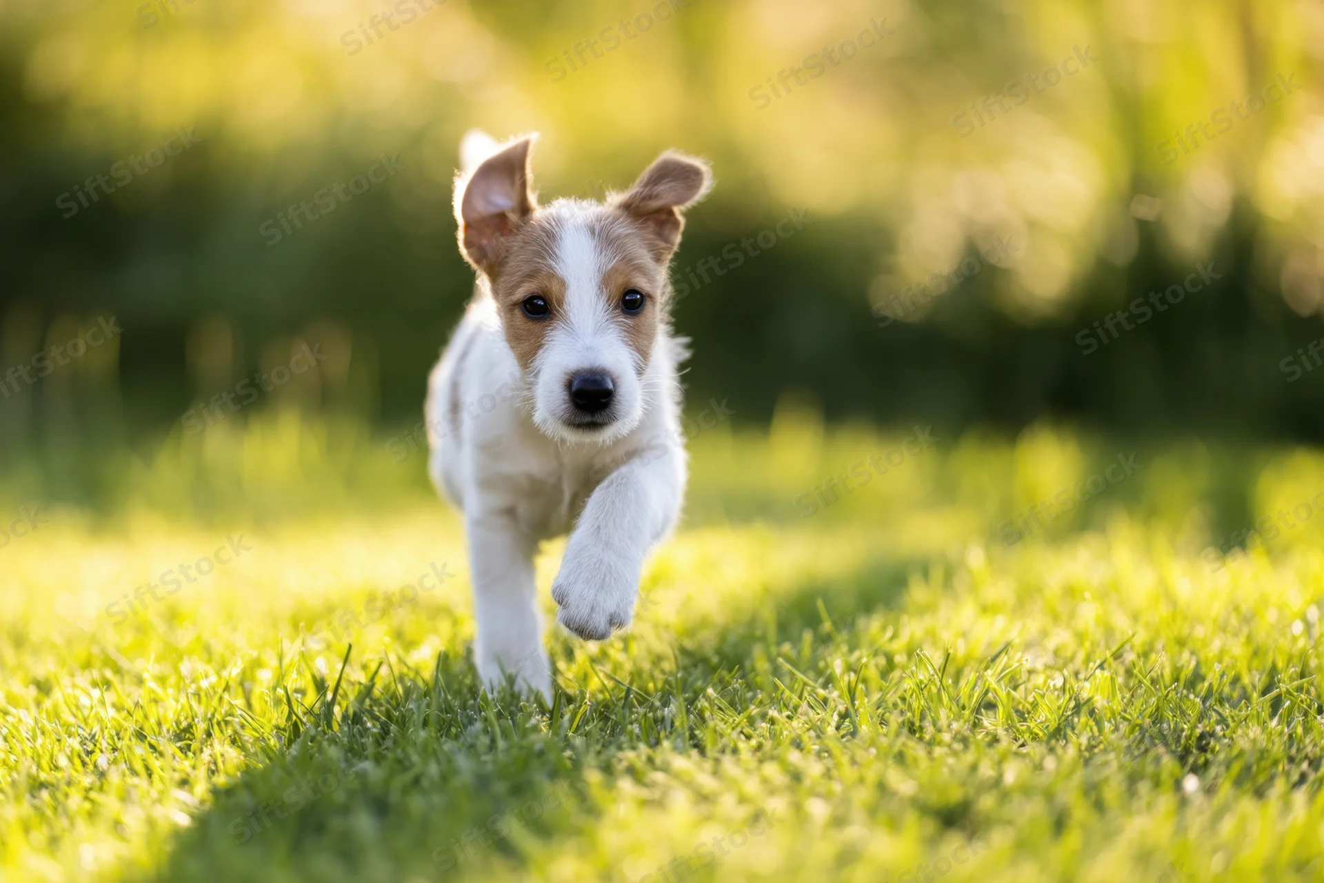Jackrussell puppy running across a sunlit grassy field