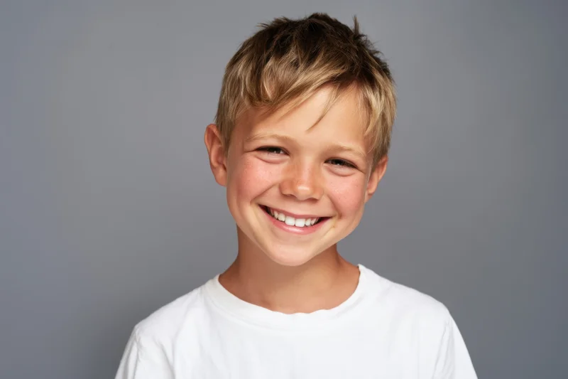 Smiling boy in white tshirt posing for studio portrait