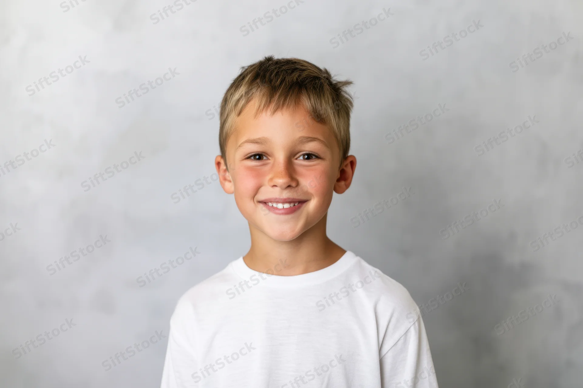 Smiling boy in white tshirt standing against gray textured wall