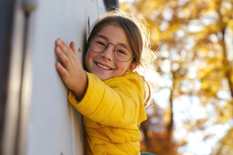 Smiling girl in yellow jacket leaning against white wall outdoors in autumn foliage