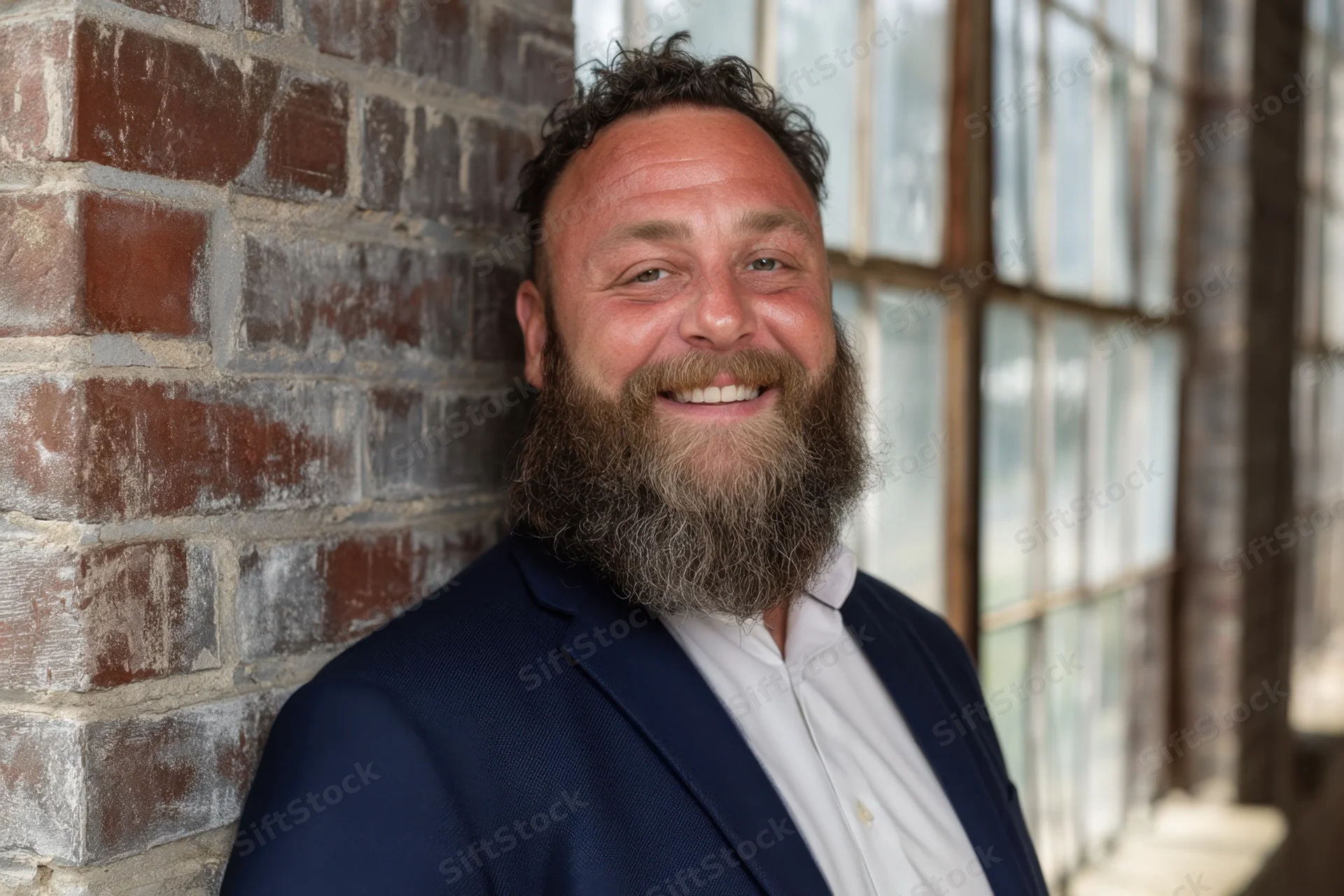 Smiling man with full beard in navy blazer leaning against brick wall near window