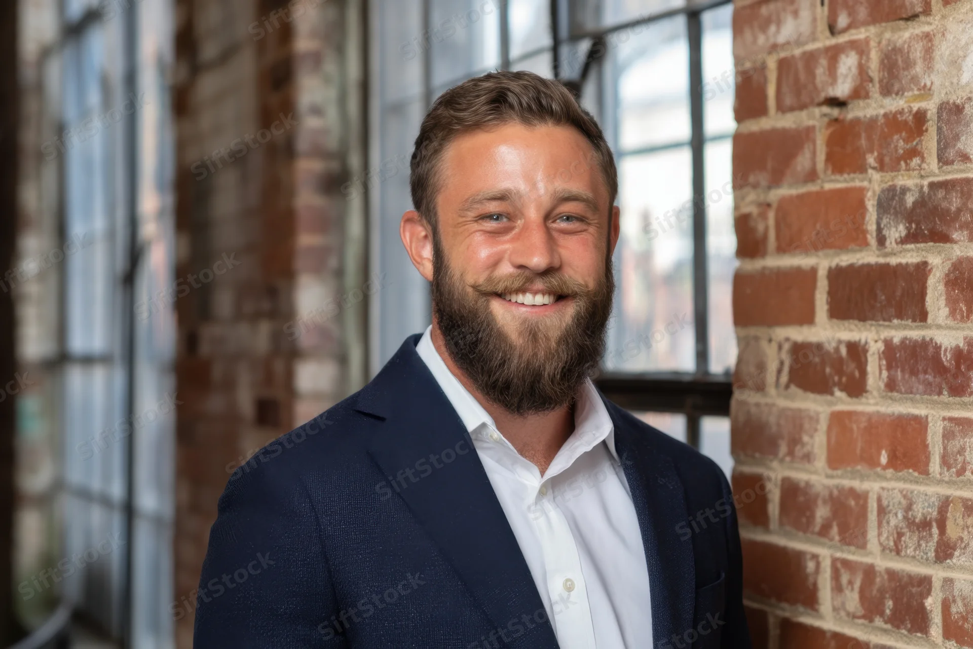 Smiling man with full beard in navy blazer standing by brick wall in office interior