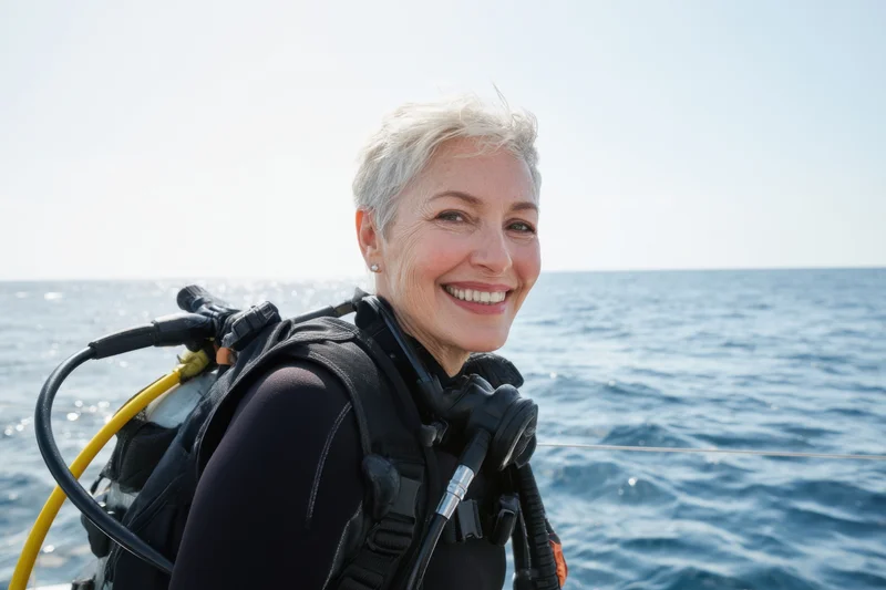 Smiling senior woman in scuba gear on a boat surface with ocean in background