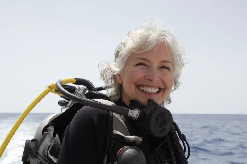 Smiling older woman in scuba gear on a boat with ocean in background