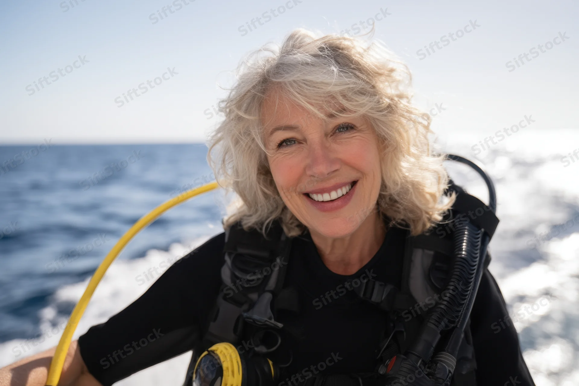 Smiling woman in scuba gear on a boat in the ocean