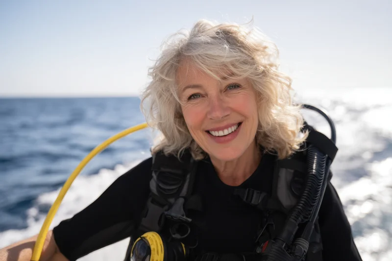 Smiling woman in scuba gear on a boat in the ocean