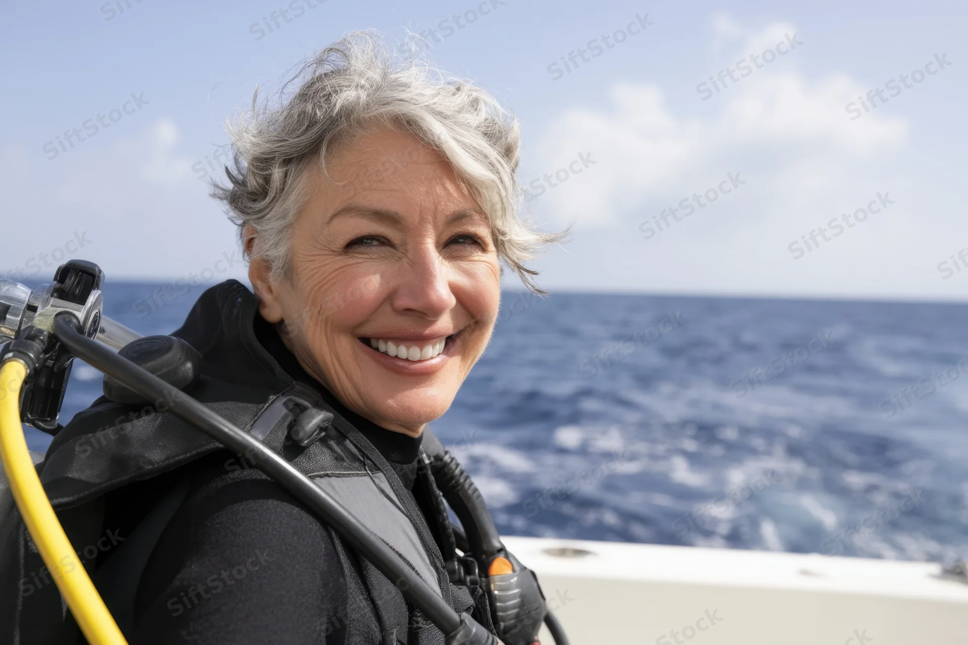 Smiling older woman in scuba gear on a boat with ocean in background