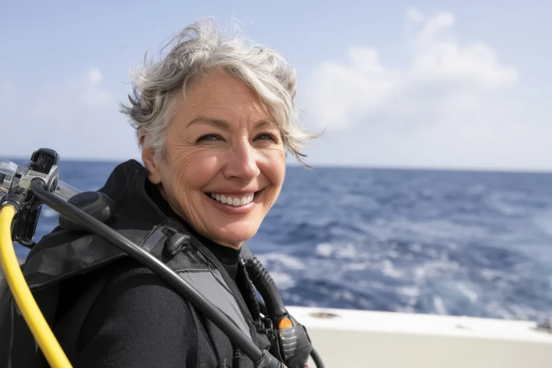 Smiling older woman in scuba gear on a boat with ocean in background