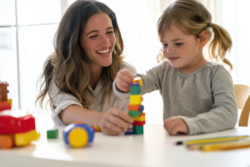 Woman and young girl smiling while stacking colorful blocks at a table