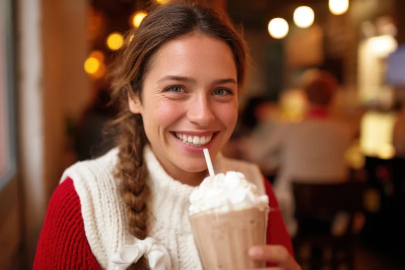 Smiling woman holding a milkshake with whipped cream in a cozy cafe