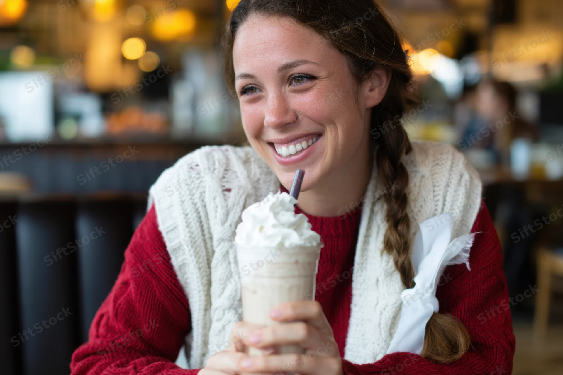 Smiling woman holding a milkshake with whipped cream in a cozy cafe booth