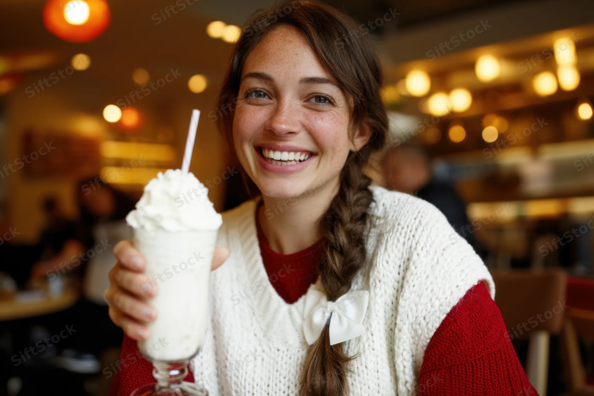 Smiling woman holding a milkshake with whipped cream in a cozy cafe interior