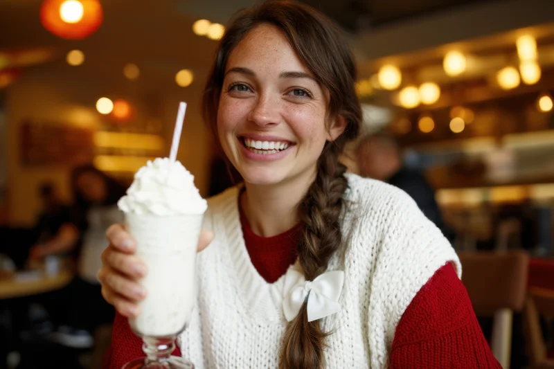 Smiling woman holding a milkshake with whipped cream in a cozy cafe interior