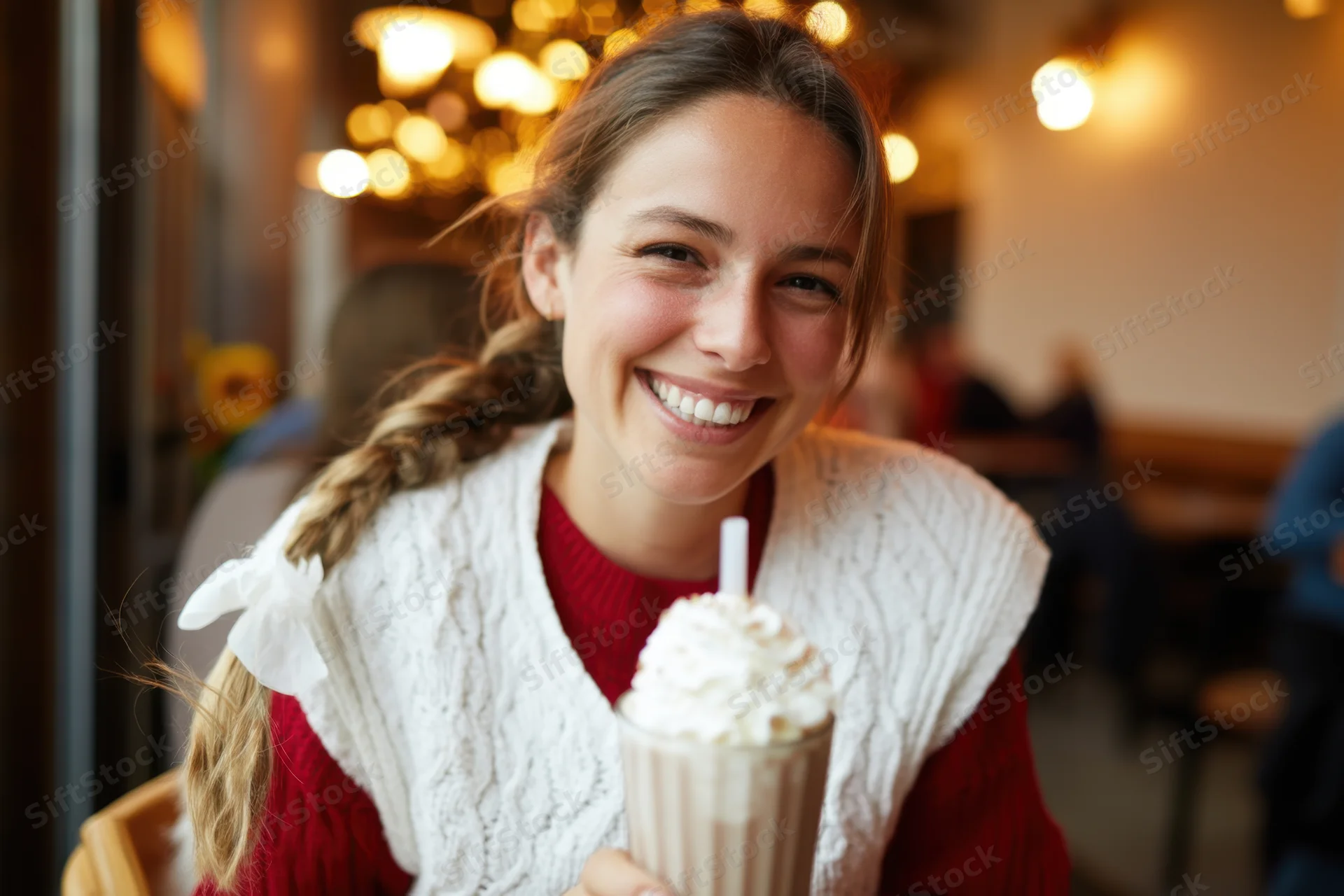 Smiling woman holding a milkshake with whipped cream in a cozy cafe interior