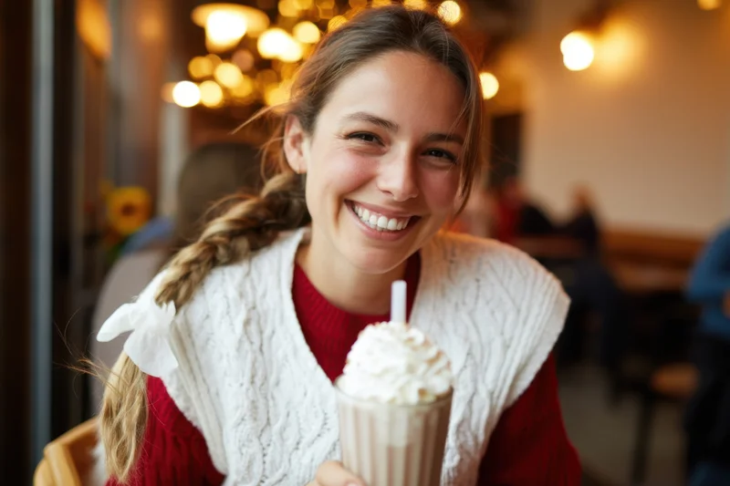 Smiling woman holding a milkshake with whipped cream in a cozy cafe interior