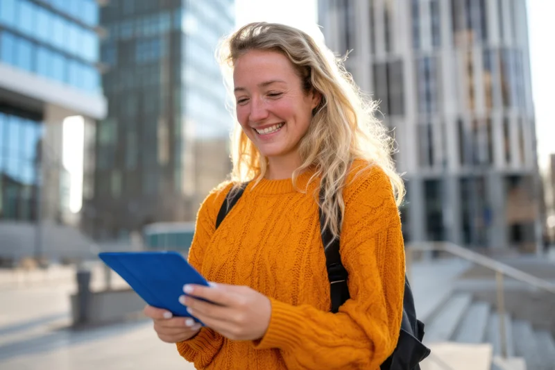 Smiling woman holding tablet outdoors in city setting