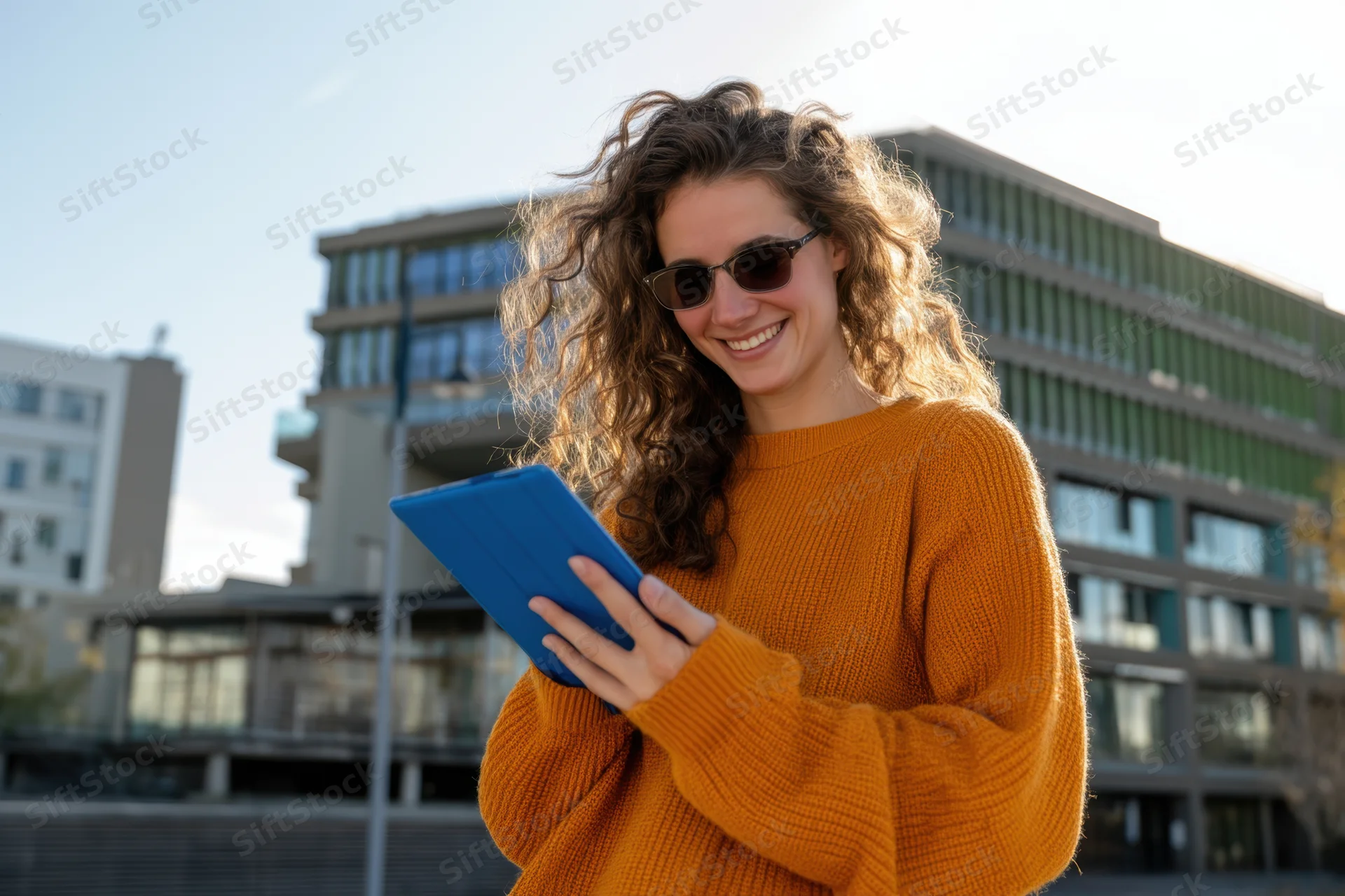 Smiling woman holding tablet outdoors in front of modern buildings