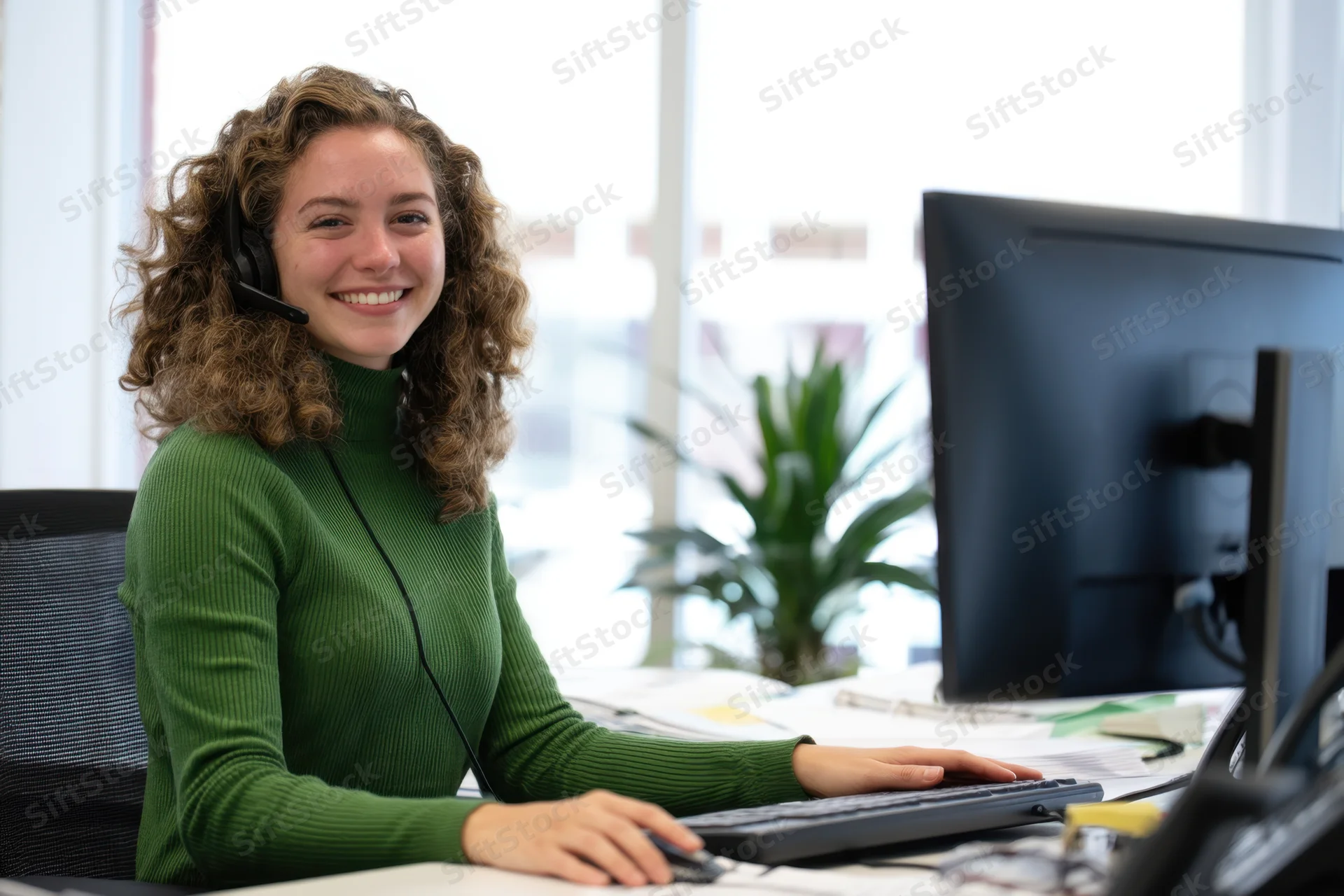 Woman wearing headset smiling at camera while working at computer desk in office