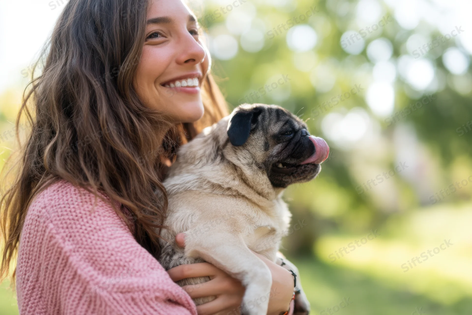 Woman holding a pug dog outdoors in a park setting