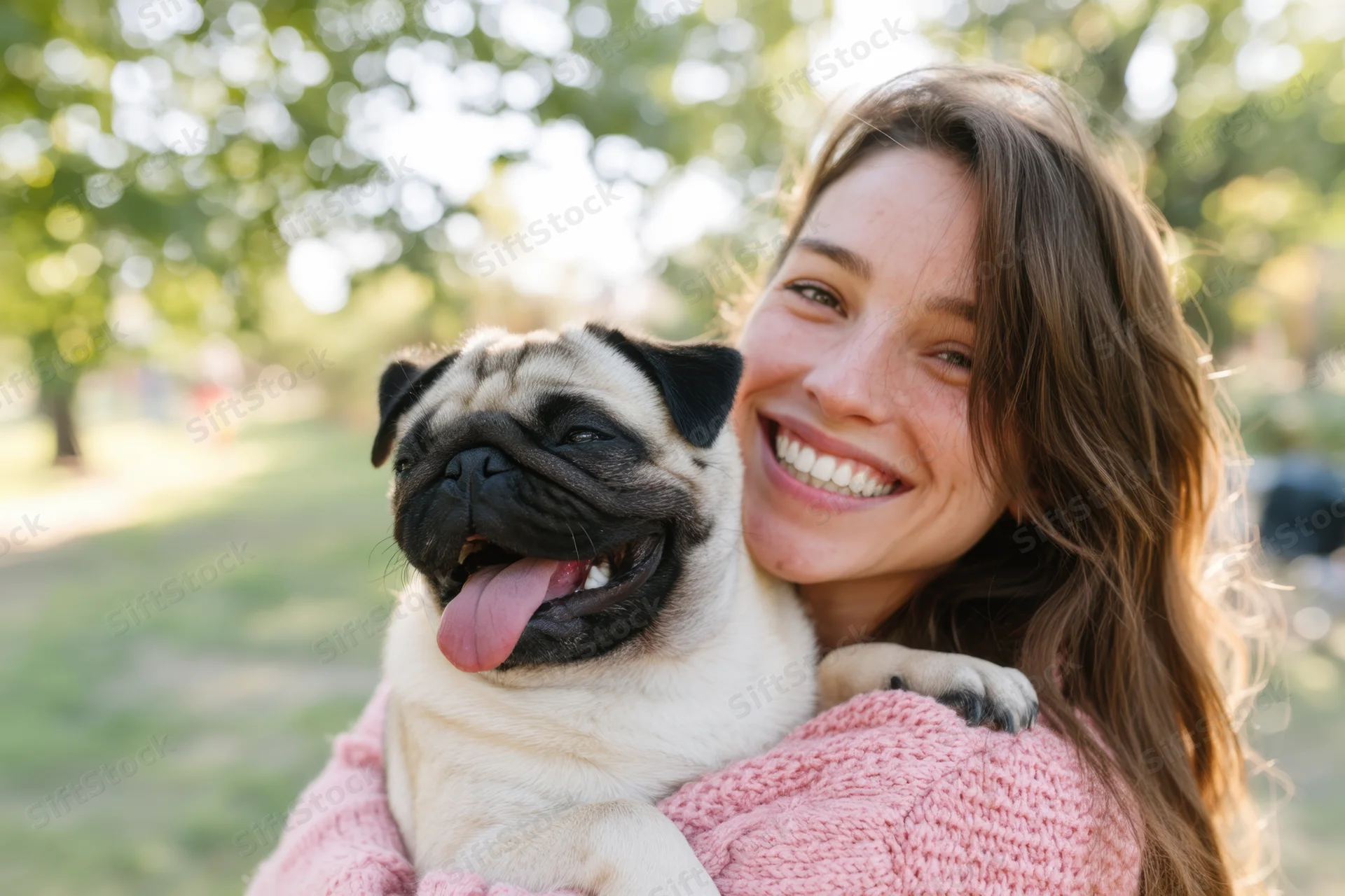 Woman smiling while hugging a pug in a park