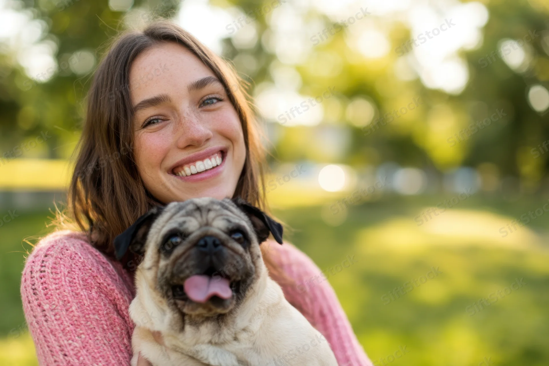 Woman smiling while holding a pug in a sunlit park