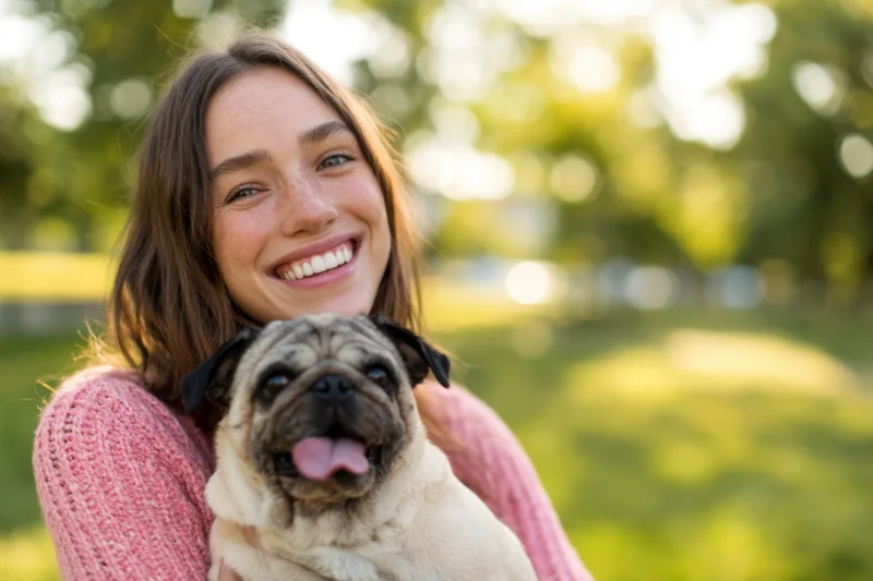 Woman smiling while holding a pug in a sunlit park