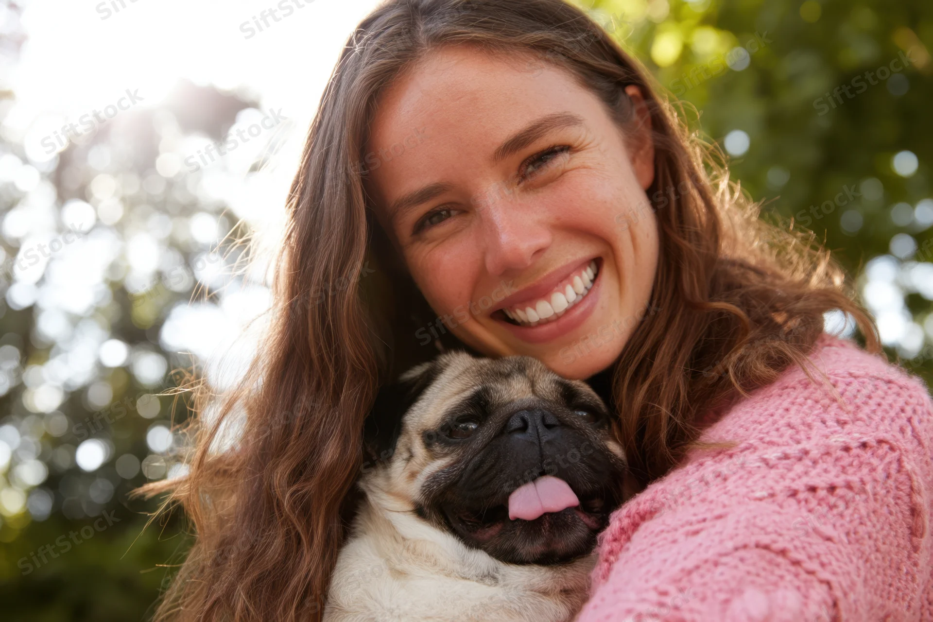 Woman smiling while hugging a pug outdoors