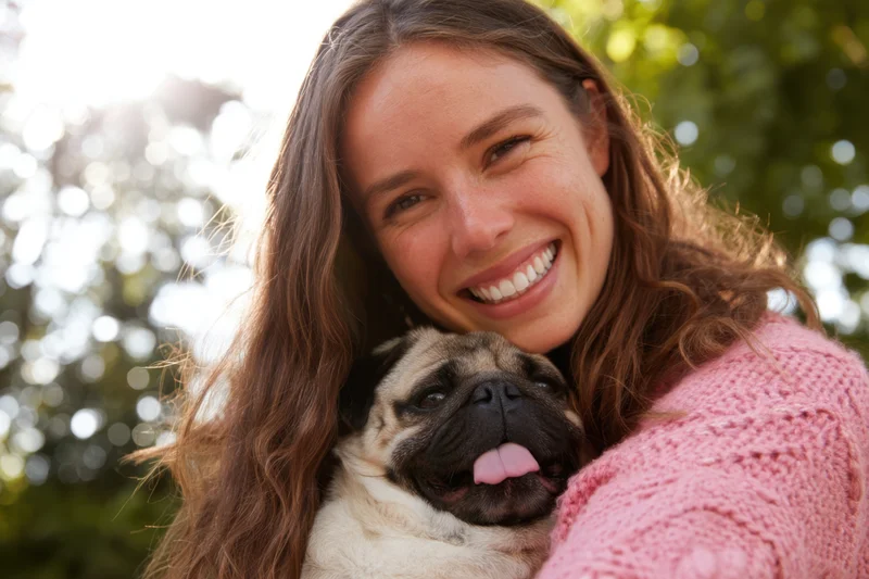 Woman smiling while hugging a pug outdoors
