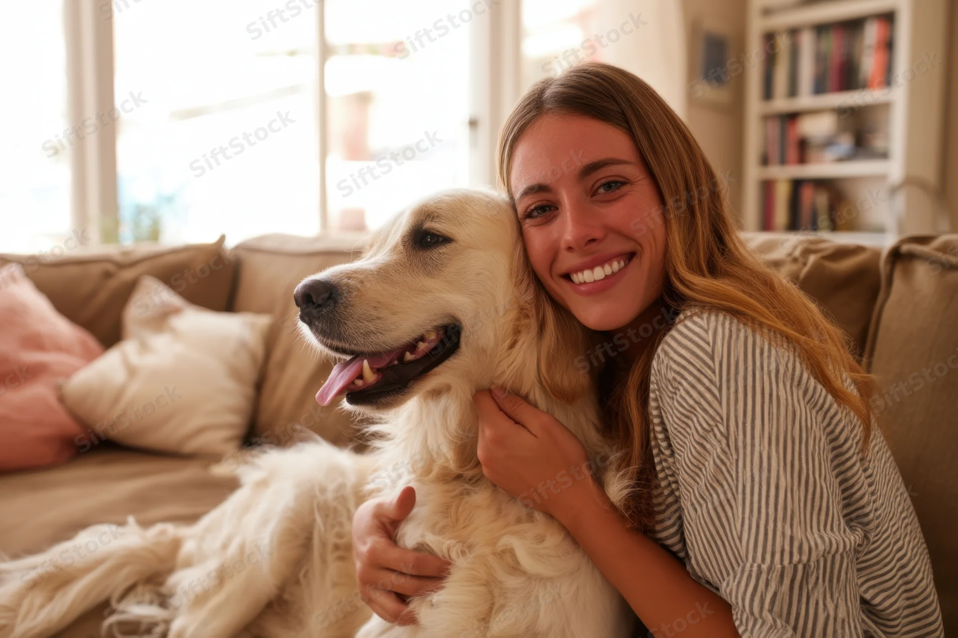Woman hugging golden retriever on couch in living room