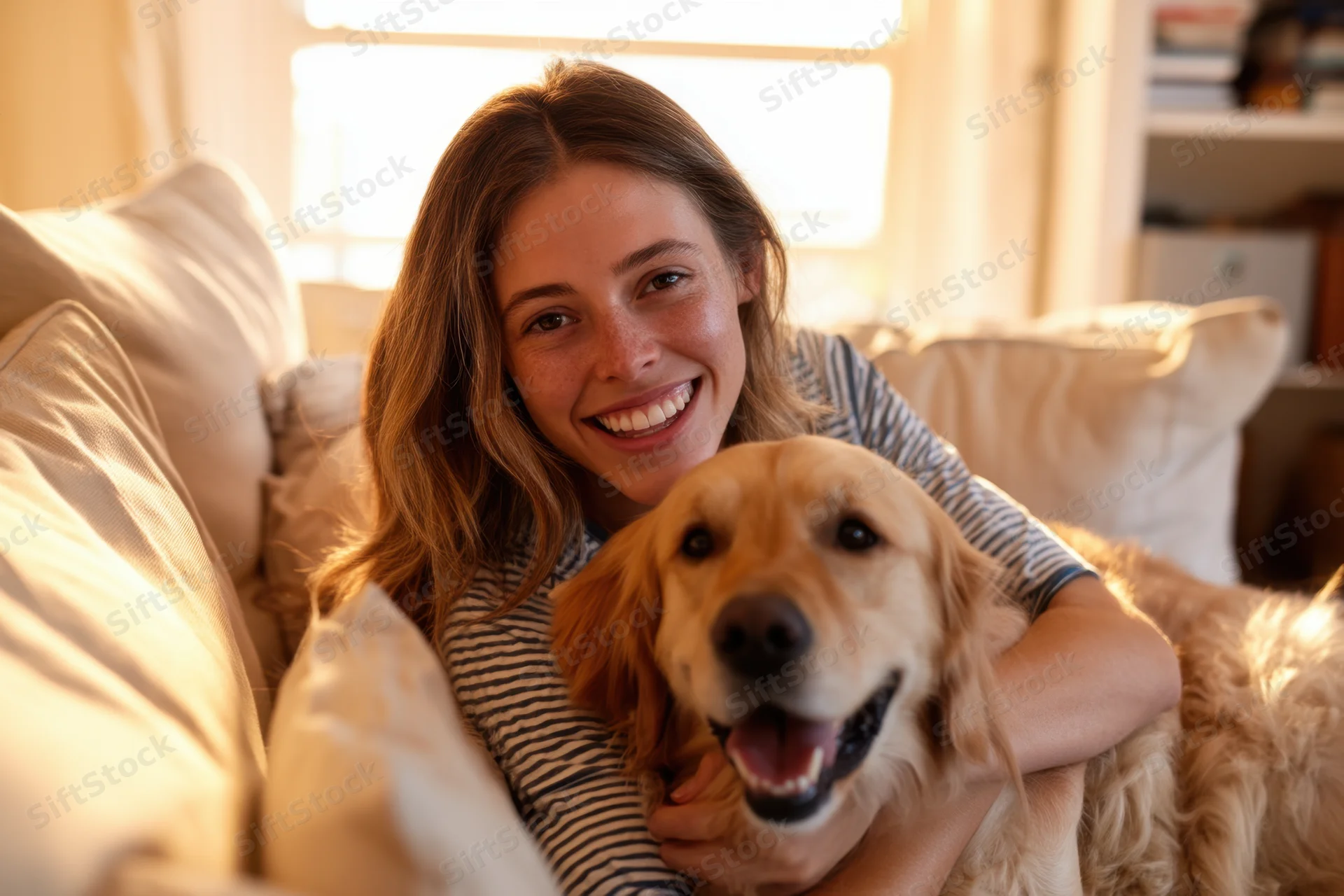 Woman hugging golden retriever on couch in sunlit living room