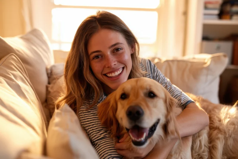 Woman hugging golden retriever on couch in sunlit living room