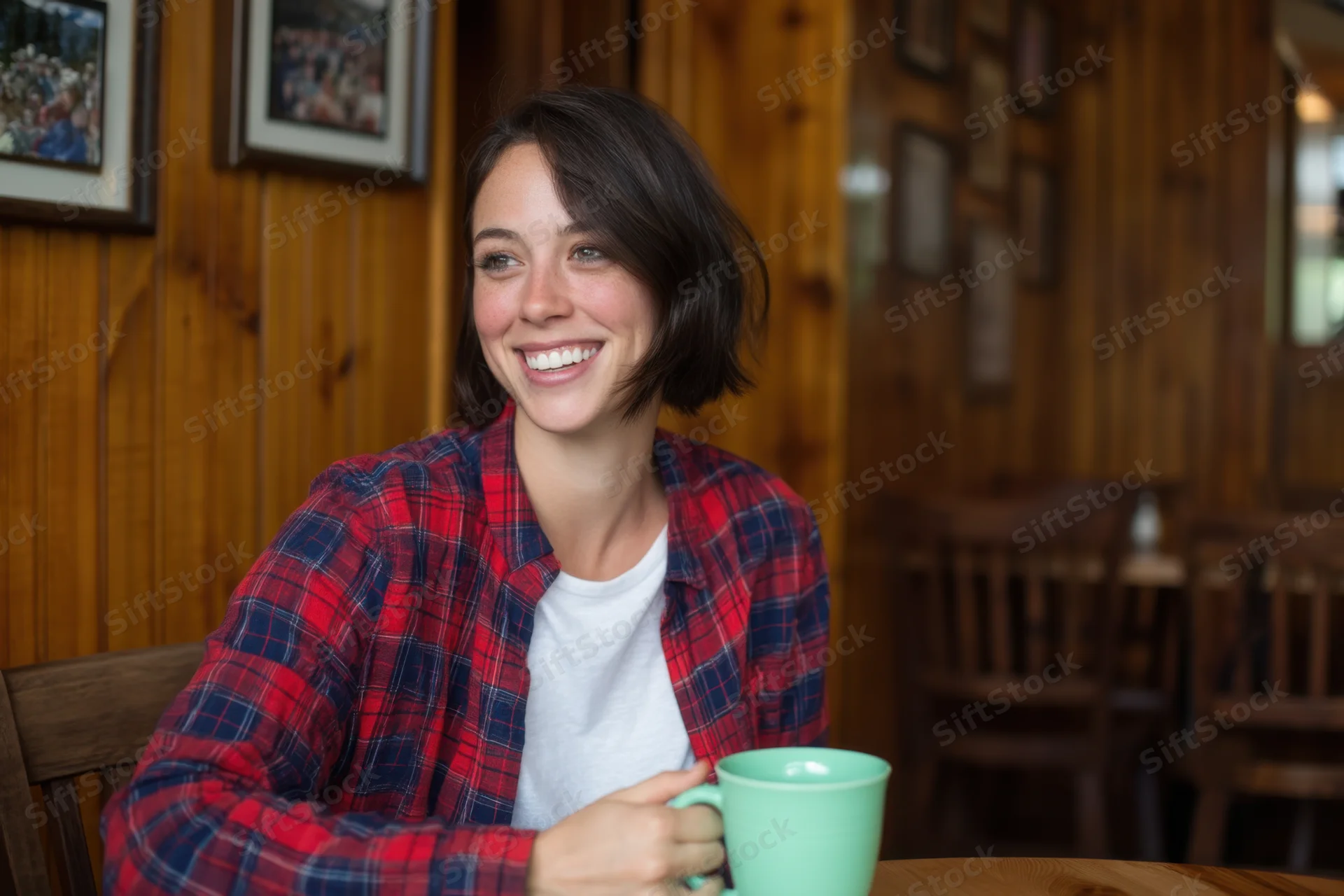Smiling woman holding a green mug at a wooden table in a cozy cafe interior