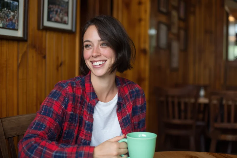 Smiling woman holding a green mug at a wooden table in a cozy cafe interior