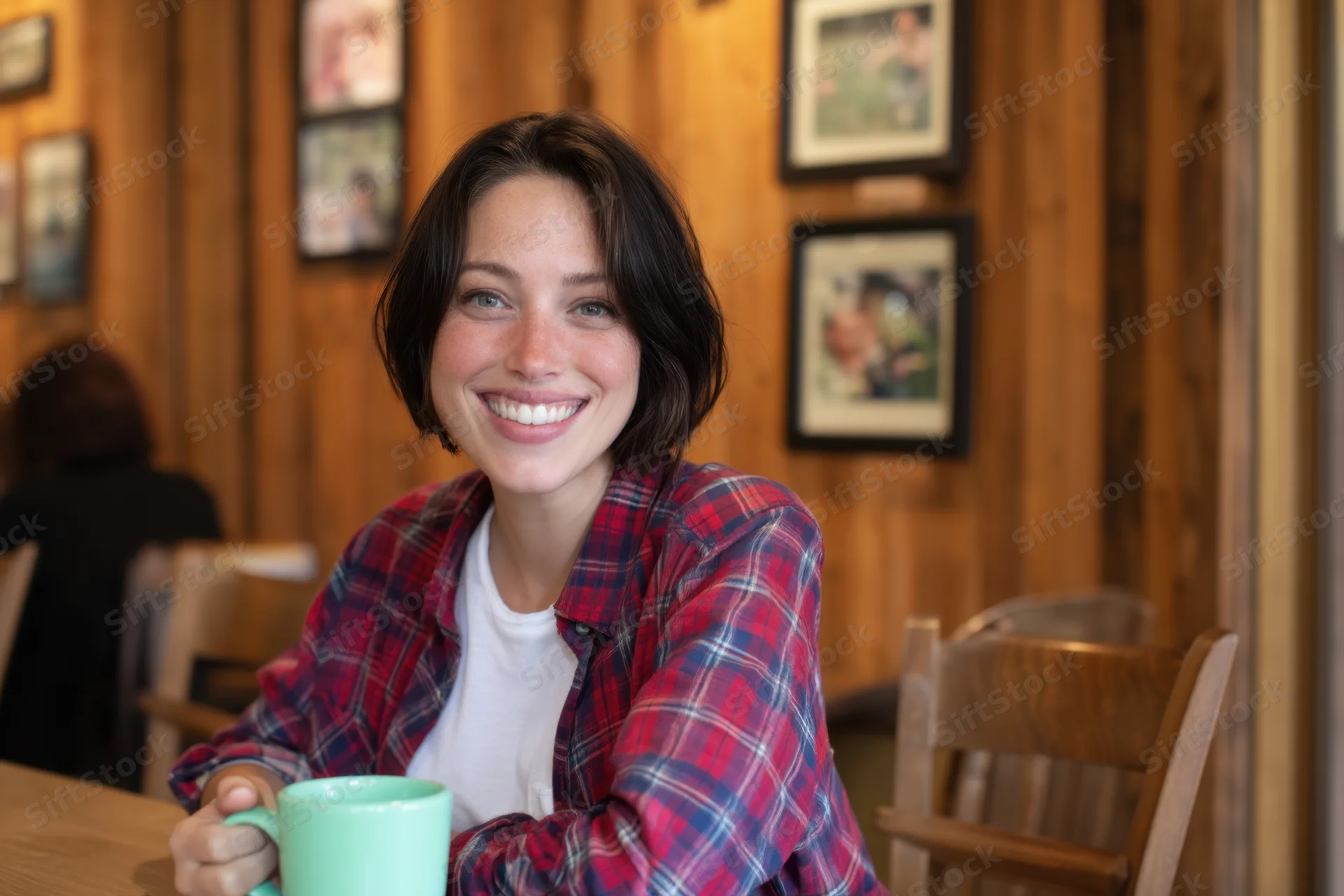 Smiling woman holding a mug at a wooden table in a cozy cafe interior