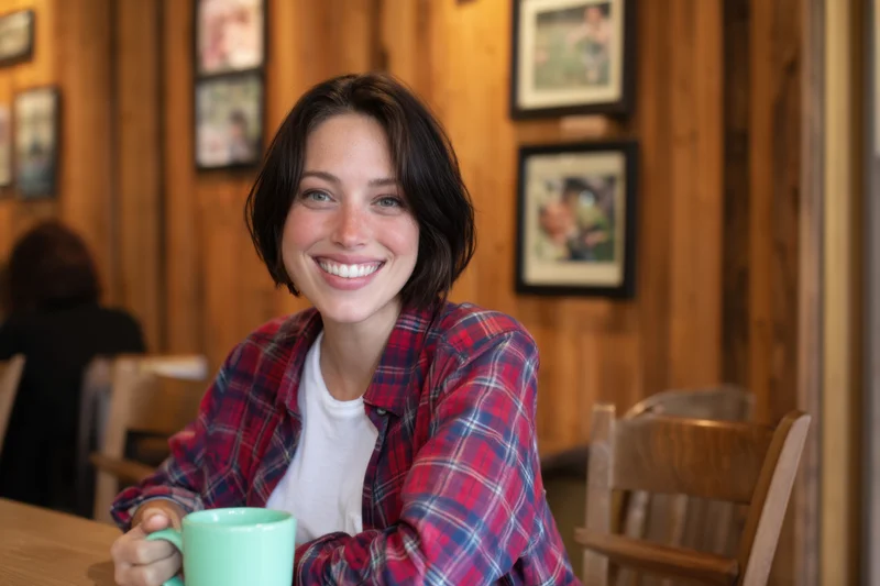 Smiling woman holding a mug at a wooden table in a cozy cafe interior