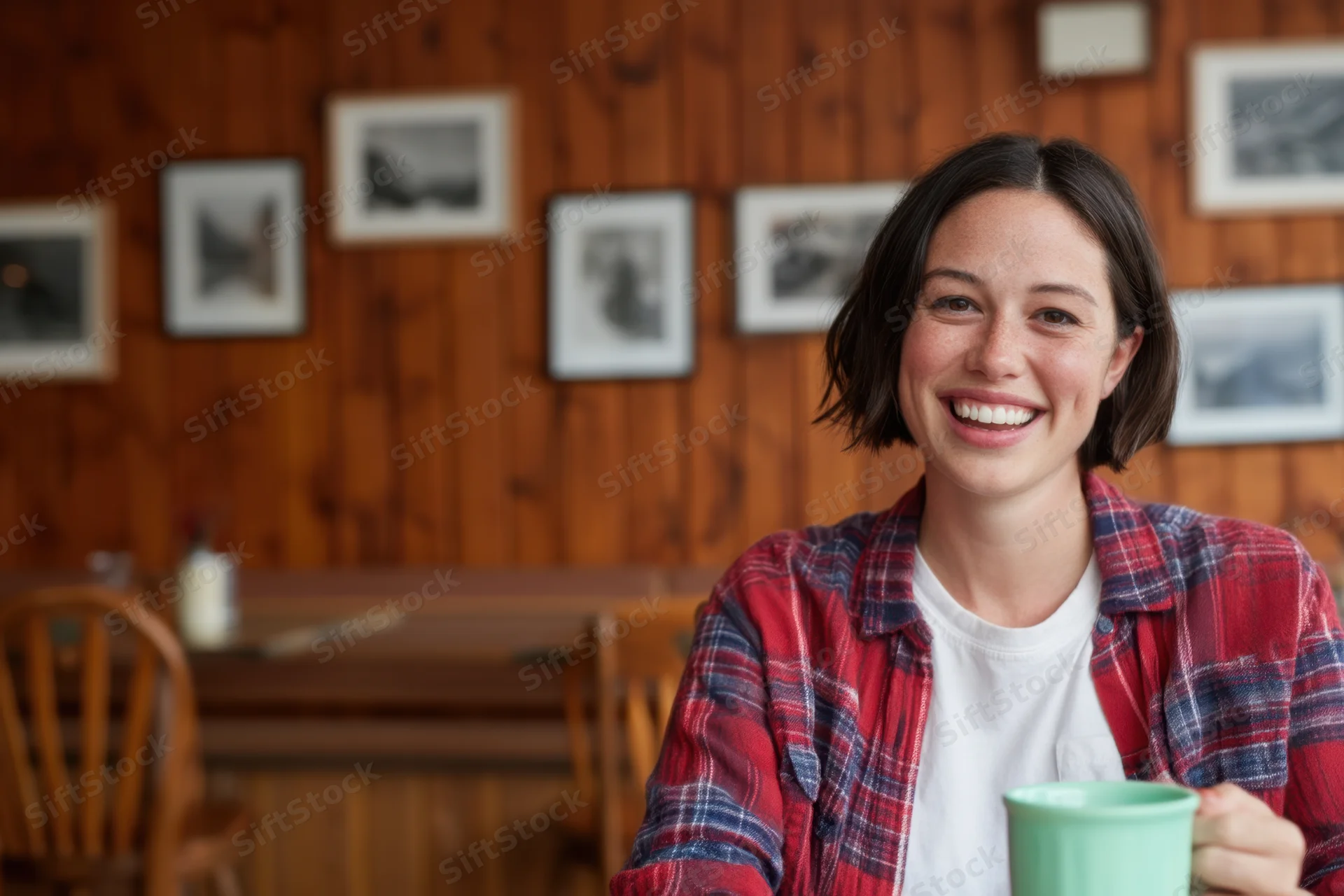 Smiling woman holding a mug in a cozy wooden cafe interior