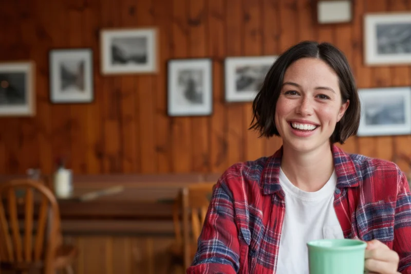 Smiling woman holding a mug in a cozy wooden cafe interior